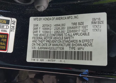 2016 Honda Cr-V Ex z USA, uszkodzony, nr VIN 5J6RM4H52GL077538